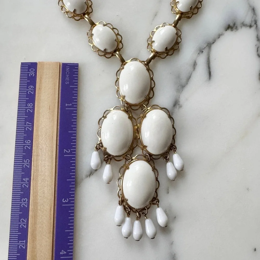 Vintage 1960s White Cabochon Statement Necklace Gold Tone Retro Boho Festival
